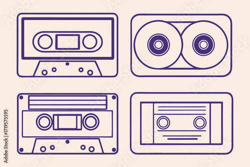 Four purple outline illustrations of retro cassette tapes and media devices on a cream background audio cassette