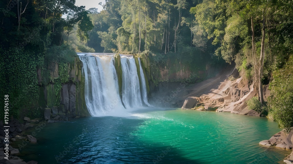 Fototapeta premium Majestic jungle waterfall with emerald pool