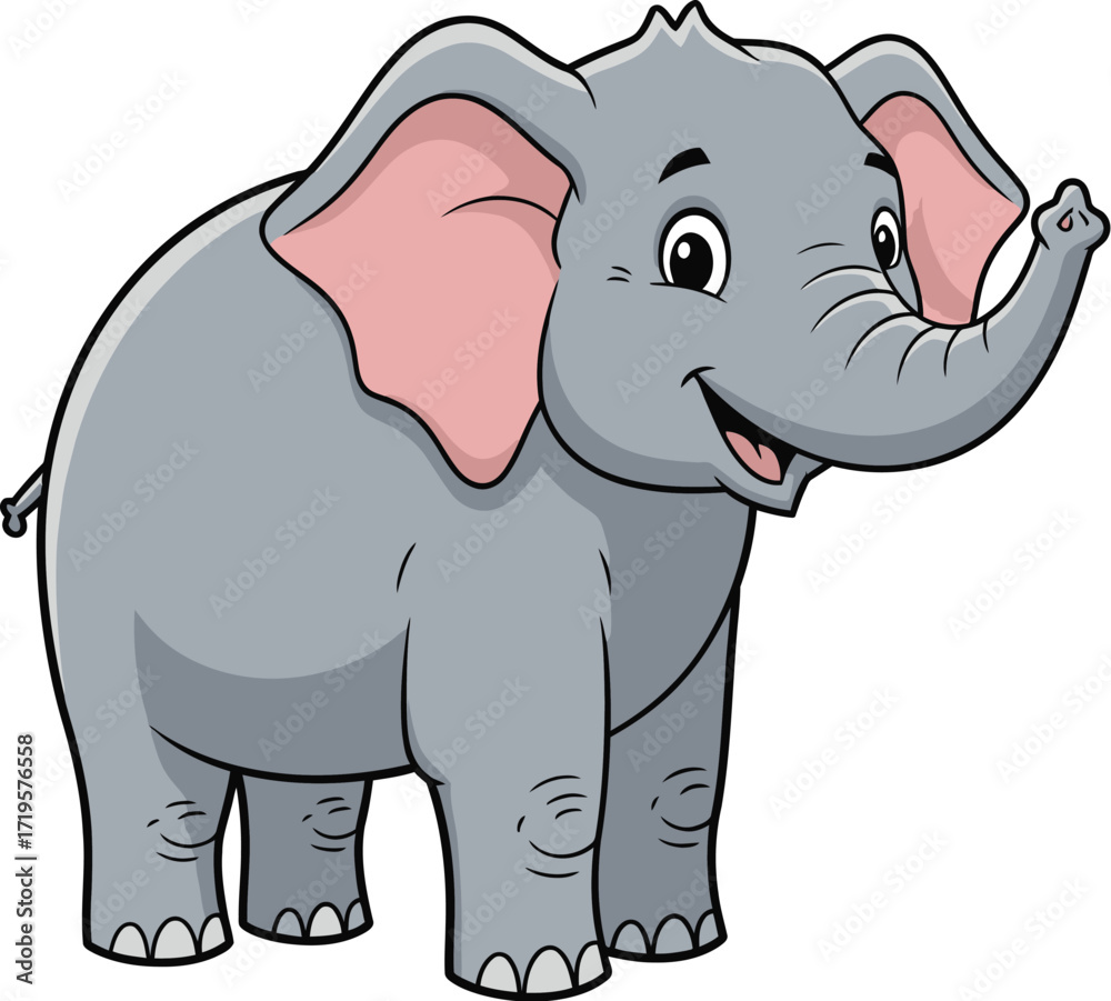 Fototapeta premium Happy cartoon elephant with raised trunk, smiling and ready for fun.