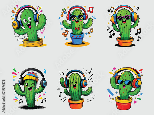 Happy cartoon cacti enjoying music with headphones fun characters for digital art