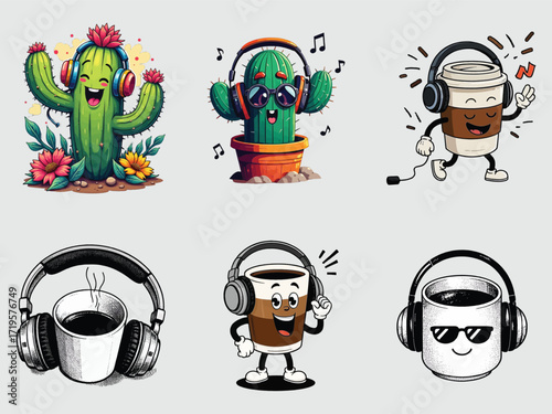 Fun cactus and coffee cup characters enjoying music with headphones lively cartoon scenes
