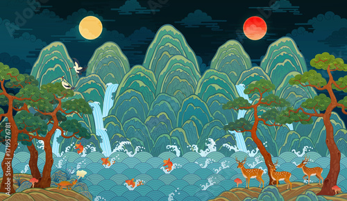 Traditional Korean folk painting, The Sun, the Moon, and the Five Mountains, a large-scale interior decoration illustration. Ilwol Obongdo. 한국 전통 민화, 일월오봉도 일러스트