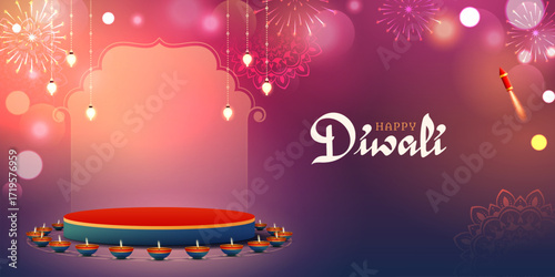 happy diwali festival sale promotional product presentation podium banner design with lightig and bokeh effect background
