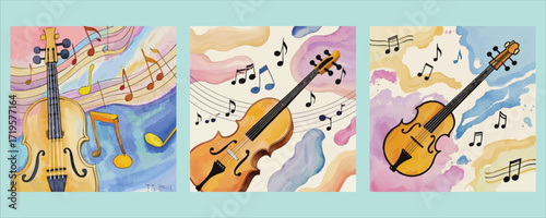 Whimsical violin and music notes artwork tri-panel art featuring musical instruments and abstract backgrounds