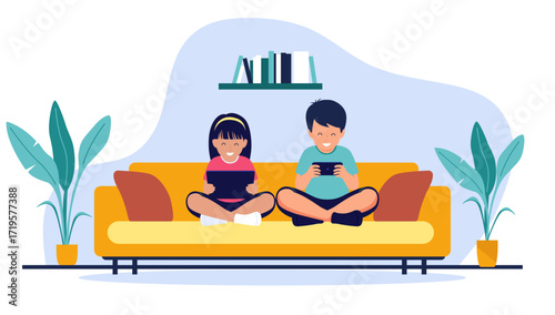 Happy children sitting together on a sofa, enjoying some screen time with their digital devices in a flat design vector illustration