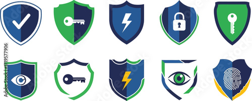 Collection of diverse security icons, including checkmarks, keys, lightning bolts, locks, eyes, and fingerprints, on shields.