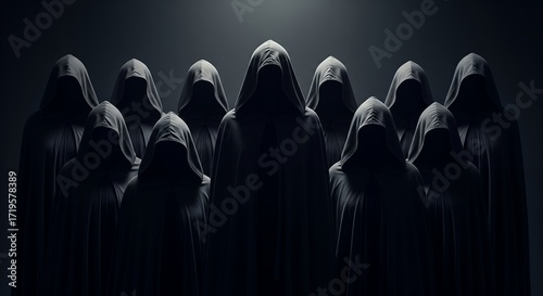 Mysterious figures in dark hooded cloaks, ominous and secretive group, shadowy figures, fantasy, occult, horror, thriller, dark art, mysterious figures.