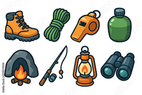 Outdoor adventure gear collection featuring camping essentials for hiking and fishing activities