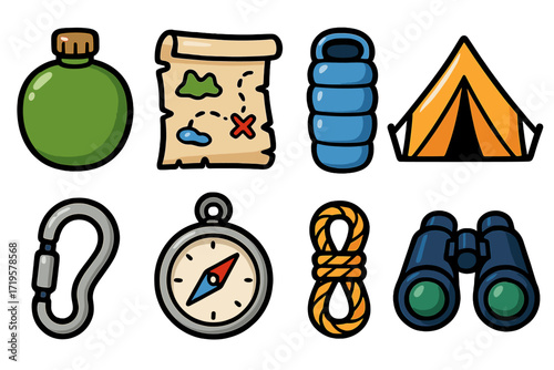 Camping essentials include a water bottle, a map, a sleeping bag, a tent, climbing gear, a compass, rope, and binoculars for outdoor adventures