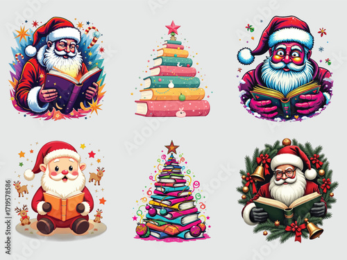 Festive santa claus and book christmas tree images for holiday designs and decorations