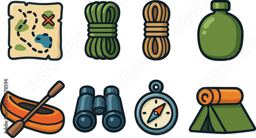 Exploring the wilderness with essential gear like a map, binoculars, and a tent for an adventurous outdoor experience