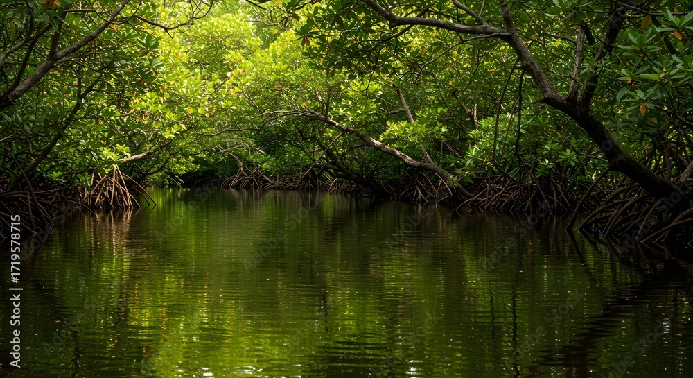 Fototapeta premium Mangrove Forest Waterway Surrounded by Green Leafy Trees Under Sunlit Sky