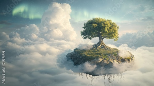 Exploring the Imagination: A Serene Tree on a Cloudy Island Under an Ethereal Glow