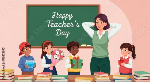 Happy Teachers Day Illustration with Teacher and Cheerful Students