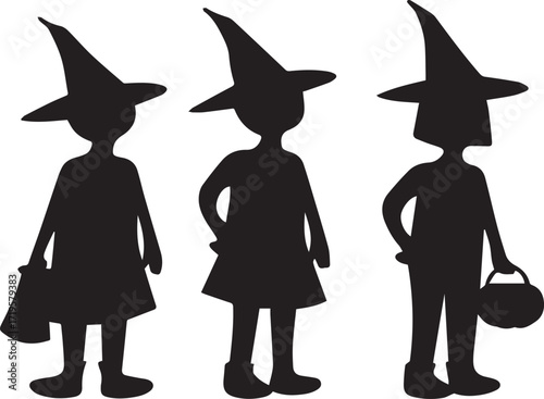 Children trick or treating in witch hats halloween black and white silhouette vector illustration
