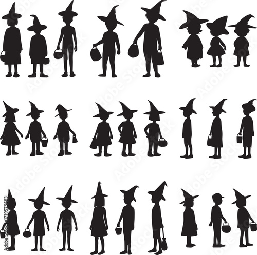 A group of Children trick or treating in witch hats halloween black and white silhouette vector illustration