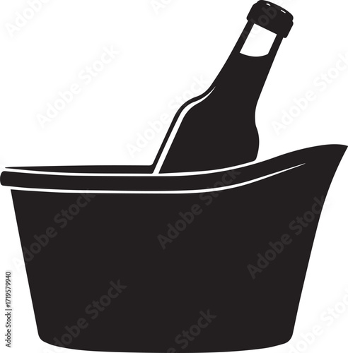 A wine bottle in a ice bucket black and white silhouette vector illustration