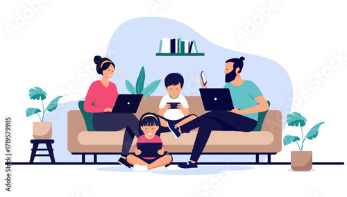 A happy family sits on a sofa, with the parents and children all using their own digital devices and being online connected to the internet in a flat design vector illustration