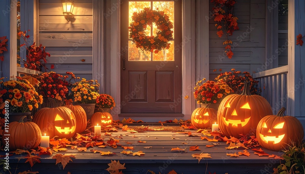 Fototapeta premium Generated image 灯るジャックオーランタンとキャンドルで彩られた秋のハロウィン玄関風景