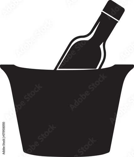 A wine bottle in a ice bucket black and white silhouette vector illustration