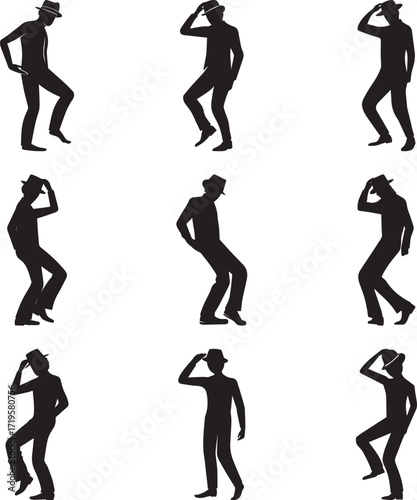 A group of Man dancing with a hat black and white silhouette vector illustration