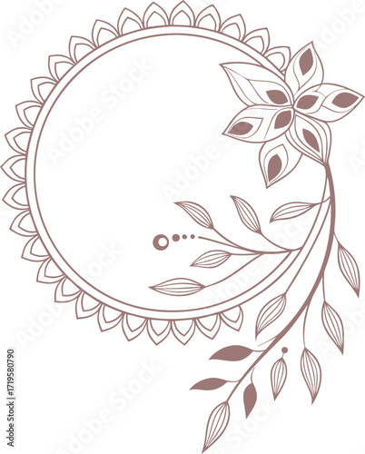 Floral decorative frame design with round border and elegant leaf ornament. Perfect for invitations, cards, and digital art. Stylish, modern, and creative template illustration.