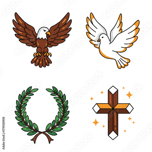 Collection of Veterans Day themed icons, including Eagle, Dove, Wreath, Cross
