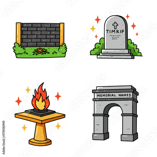 Collection of Veterans Day themed icons, including Wall of Names, Tombstone, Eternal Flame, Memorial Arch