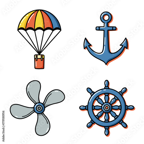 Collection of Veterans Day themed icons, including Parachute, Anchor, Propeller, Steering Wheel