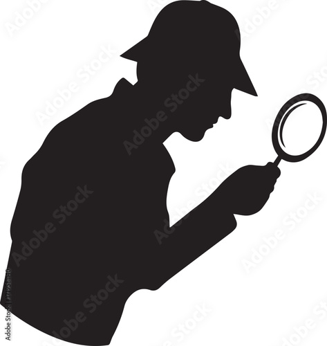 Detective examining black and white silhouette vector illustration