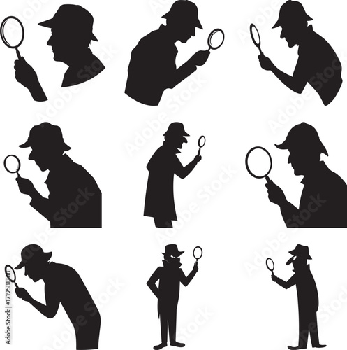 A group of Detective examining black and white silhouette vector illustration