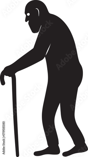 Elderly figures using walking sticks for support and balance black and white silhouette vector illustration