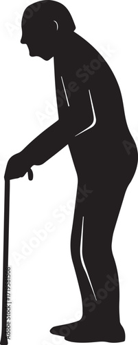 Elderly figures using walking sticks for support and balance black and white silhouette vector illustration
