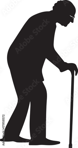 Elderly figures using walking sticks for support and balance black and white silhouette vector illustration