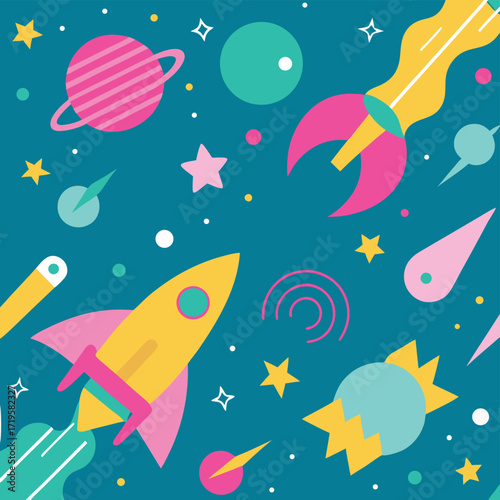 Colorful cartoon space scene with rockets planets and stars