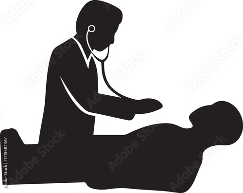 Doctor examining patient with stethoscope black and white silhouette vector illustration