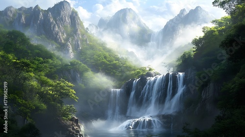 Majestic waterfall cascading down lush green mountains, surrounded by vibrant trees and mist, creating a serene and breathtaking natural landscape