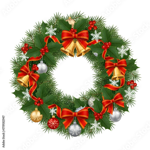Christmas wreath with ornaments, bells, and bows isolated on transparent background