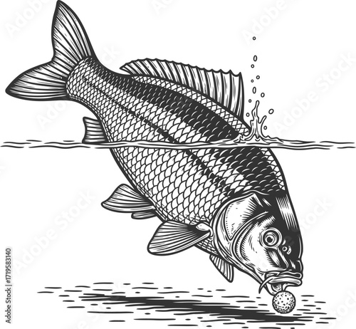 Carp fishing silhouette. Vintage vector art of fish eating bait