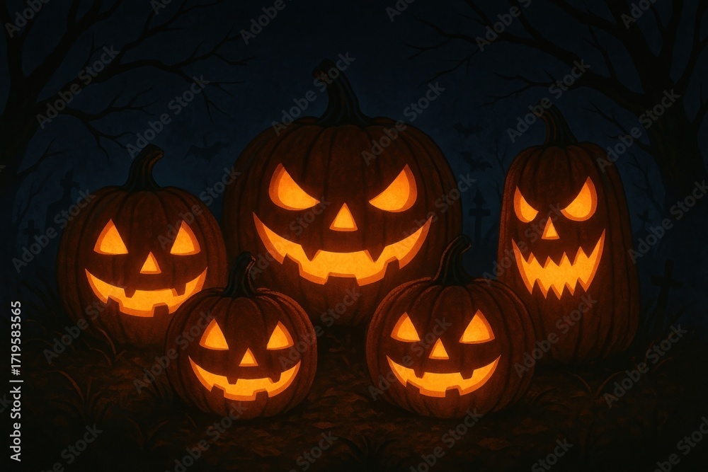 Obraz premium Glowing jack-o'-lanterns in darkness.
