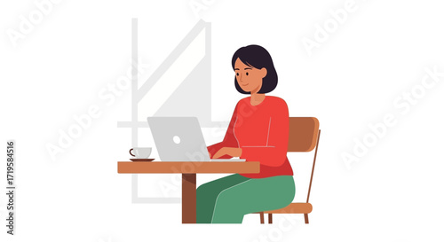 Person Working on Laptop at Table with Hot Beverage in Modern Indoor Setting, Wearing Red Top and Green Pants