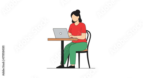 Person Working on Laptop at Table with Hot Beverage in Modern Indoor Setting, Wearing Red Top and Green Pants