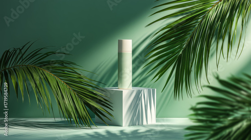 Elegant cosmetic bottle stands on marble block with palm leaf shadows on backdrop, tropical minimalism perfect for skincare, spa, wellness branding or clean beauty campaigns.