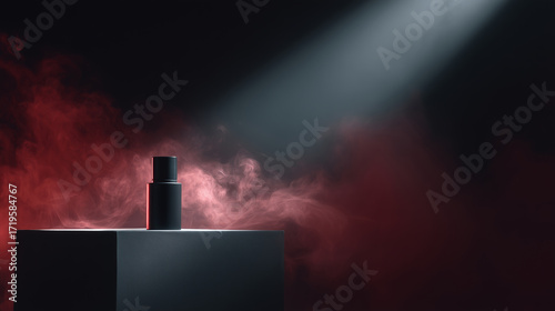 Perfume bottle stands in dramatic spotlight surrounded by dark background and red mist, cinematic atmosphere ideal for luxury fragrance, promo visuals, or artistic ads.