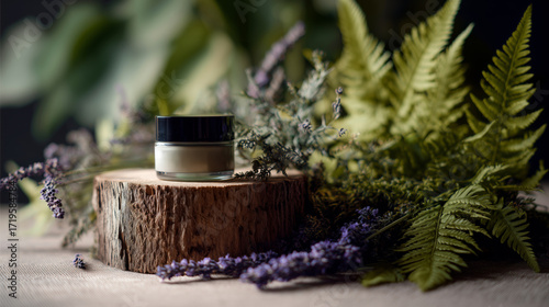 Glass cosmetic jar rests on wooden platform surrounded by herbs and lavender in soft light, natural tones perfect for organic beauty, spa products, and eco skincare.