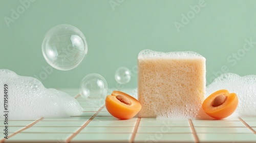 Textured soap block surrounded by foam and fresh apricot slice sits on clean surface with pastel green backdrop, perfect for skincare branding or wellness content.