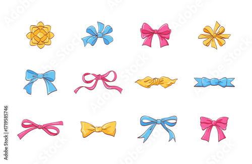 Set of various colorful shiny anime kawaii bows, natural looking hand-drawn line art, editable