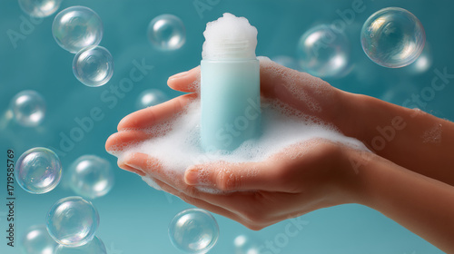 Foaming cleanser stick covered in bubbles held in hands over teal background, perfect for skincare ads, daily routine visuals, or clean beauty product campaigns.
