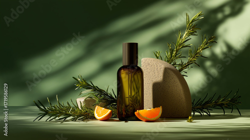 Dark glass skincare bottle stands near rosemary sprigs and sliced citrus in soft green light, perfect for organic beauty, eco products, or cosmetic promotional use.