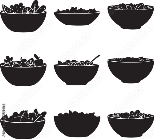 Set of Fresh salad black and white silhouette vector illustration